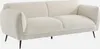 A cream-colored bouclé sofa with black metal legs is shown against a white background.