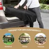 A person is loading a black bag into the trunk of a car, with three circular images below showing a gazebo in different outdoor settings. Produktbild-Vorschau