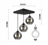 A black pendant light with three smoked glass globes is shown with dimensions indicated. Produktbild-Vorschau