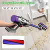 A hand holding a Dyson vacuum cleaner with a roller brush attachment on a wooden floor, with a child in a high chair in the background. A separate image of the roller brush is shown in a smaller inset. Produktbild-Vorschau