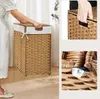 A collage of images showing a woven laundry basket with a white liner and lid, a close-up of the lid handle, and a close-up of the basket's base with a wheel. Podgląd zdjęcia produktu