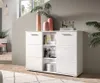 A modern white sideboard with drawers and shelves, decorated with vases and books, placed in a living room setting. Produktbild-Vorschau