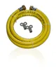 A coiled yellow hose with metal fittings and two small metal keys on a white background. Produktbild-Vorschau