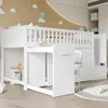 A white loft bed with a desk underneath, set up in a child's room with decorative clouds and hot air balloons on the wall. Produktbild-Vorschau