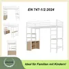 Collage of different views and angles of a white metal loft bed with integrated desk and shelving units, with some wood-effect accents. Voir les images du produit