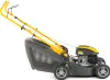 A side view of a yellow and gray gasoline-powered lawnmower on a white background. Produktbild-Vorschau