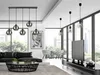 A modern living room with a black sofa, coffee table, and TV, featuring multiple pendant lights. Náhled obrázku produktu