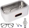A collage showing an ultrasonic cleaner and accessories like glasses, earrings, and a watch. Produktbild-Vorschau