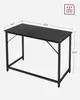 A black wooden desk with a metal frame is shown with dimensions labeled. Náhled obrázku produktu