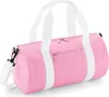 A pink barrel bag with white straps and a white shoulder strap, shown against a white background.