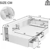 A 3D rendered diagram of a white bed with storage drawers and shelving, showing various dimensions and measurements. Produktbild-Vorschau