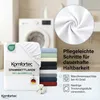 A stack of folded bedsheets with a close-up view of the fabric texture and laundry-related icons and text. Produktbild-Vorschau