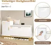 A white shoe cabinet with a padded seat and gold accents, shown in a room setting with shoes underneath. Inset images highlight features like protective film and ease of cleaning. Produktbild-Vorschau