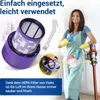 A woman in an apron and gloves is cleaning with a vacuum cleaner and filter. Produktbild-Vorschau
