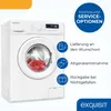 A white front-loading washing machine with a red garment inside the drum, presented with marketing text and icons on the right side. Produktbild-Vorschau