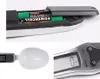 A collage of three close-up images showing different parts of a digital spoon scale: the battery compartment with batteries, the spoon itself, and the digital display with buttons. Náhľad obrázku produktu