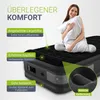 A woman is sitting on an inflatable mattress, holding a pillow. The mattress has text overlays highlighting its features. Produktbild-Vorschau