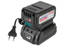 A black battery charger with a battery pack inserted, connected to a power cord with a European plug. Produktbild-Vorschau
