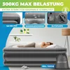 A woman sleeping on an inflatable mattress, with product feature callouts at the top. Produktbild-Vorschau