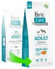 Two bags of Brit Care dog food are shown, with a green arrow pointing from the smaller bag to the larger bag. Náhled obrázku produktu