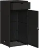 A black poly rattan garden storage cabinet with one drawer and two doors, shown with the doors open. Náhľad obrázku produktu