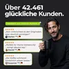 A man holding a mug with customer testimonials and a number of happy customers on a dark background. Produktbild-Vorschau