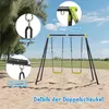 A swing set with two swings is set up on a sandy playground with trees and a blue sky in the background. Close-up insets highlight the rope, hook, and frame. Produktbild-Vorschau