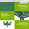 A collage of images showcasing the features of a green pop-up gazebo, including fabric texture, frame structure, and folding mechanism, with accompanying German text descriptions. Podgląd zdjęcia produktu