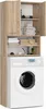 A tall, narrow cabinet designed to fit over a washing machine, with two doors and open shelving. Anteprima dell’immagine prodotto