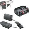 A product shot of a Bosch battery starter set, including a battery, charger, and packaging. Produktbild-Vorschau
