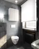 A modern bathroom with a wall-mounted cabinet, toilet, and window with blinds. Produktbild-Vorschau