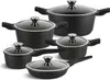 A set of black cookware with glass lids and silver handles, arranged in a studio setting against a white background. Produktbild-Vorschau