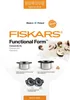 Packaging for a Fiskars Functional Form Casserole 5L, showing images of the product and its features. Podgląd zdjęcia produktu