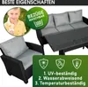 A boy is shown holding a drink next to a polyrattan garden seating set. Produktbild-Vorschau