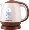 A beige and brown electric kettle with a transparent water level indicator, sitting on its base. Podgląd zdjęcia produktu