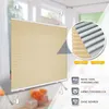 A pleated blind is shown hanging in a window, with a close-up inset showing the layers of the blind. Icons and text highlight product features. Produktbild-Vorschau