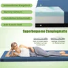 A woman is lying on a blue camping mat, with diagrams illustrating the mat's layers and benefits. Náhľad obrázku produktu