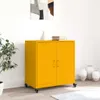 A yellow cabinet with two doors and wheels is shown in a room with a plant and vases. Anteprima dell’immagine prodotto