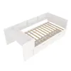A white bed frame with a desk and shelves, shown from a diagonal top-down view against a white background. Produktbild-Vorschau