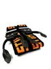 A pair of black and orange suspenders with leather attachments, laid out on a white background. Produktbild-Vorschau