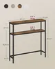 A narrow console table with two shelves is shown against a light gray background. Dimensions and weight capacity are indicated with text and arrows. Produktbild-Vorschau