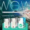 A hand holding a clear phone case over a background of water waves, with images of Samsung phones below. Produktbild-Vorschau