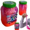 A collage of images showing jars of neon slime and a hand pulling a strand of slime. Náhled obrázku produktu