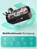 A product image showcasing an ultrasonic cleaner with various items inside, surrounded by promotional graphics indicating cleaning times and features. Produktbild-Vorschau