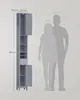 A tall, narrow cabinet is shown next to silhouettes of two people to indicate its size. Dimensions are also provided. Produktbild-Vorschau