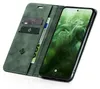 A green flip-style phone case is open, showing the inside with card slots and a phone with a green wallpaper. Produktbild-Vorschau