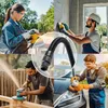 A collage of four images showing people using sanders and a close-up of a vacuum hose. Produktbild-Vorschau