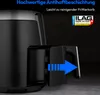 Close-up of an air fryer basket being removed, with marketing text and a logo. Produktbild-Vorschau