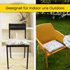 A split image showing a chair with a cushion indoors on the left and a yellow chair with a cushion outdoors on the right. Produktbild-Vorschau