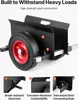 A black heavy-duty trolley with red wheels, shown from a diagonal angle, with callouts highlighting its features. Podgląd zdjęcia produktu
